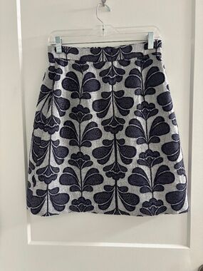Orla Kiely Damask Flower Jacquard Navy and Gray Midi Skirt US 4